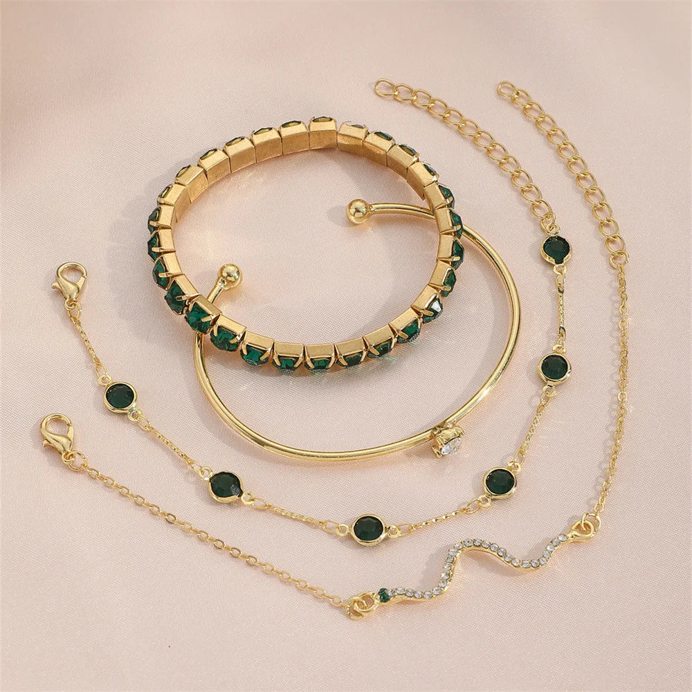 4Pcs Green Gemstone Snake Bangles Set - Rhinestone Metal Bracelets for Women