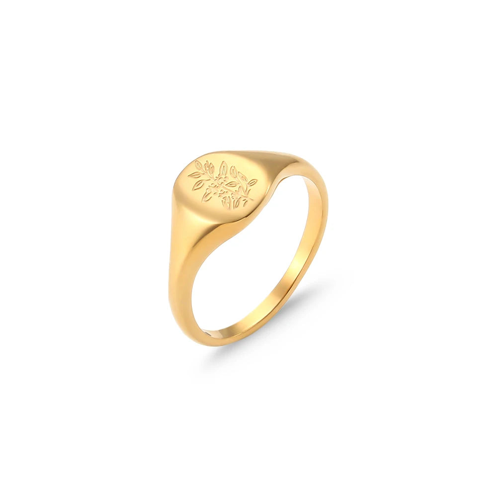 E.B.belle Tarnish-Free 18K Gold Plated Wildflower Signet Rings for Women