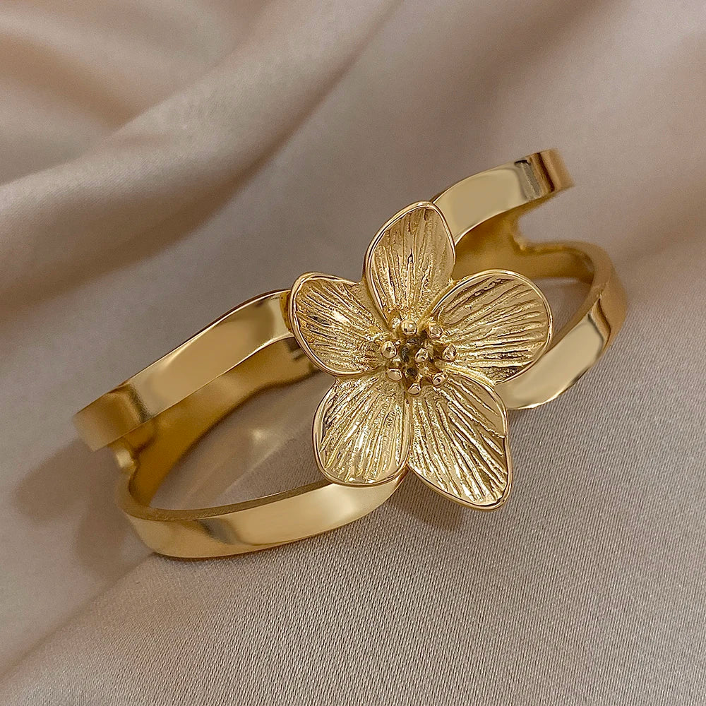 Greatera Chunky Gold-Plated Flower Cuff Bracelet - Waterproof Jewelry for Women