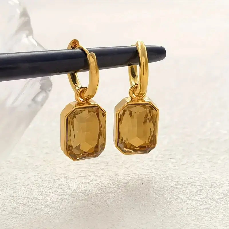 Gold Square Zirconia Earrings – Trendy Stainless Steel Crystal Jewelry