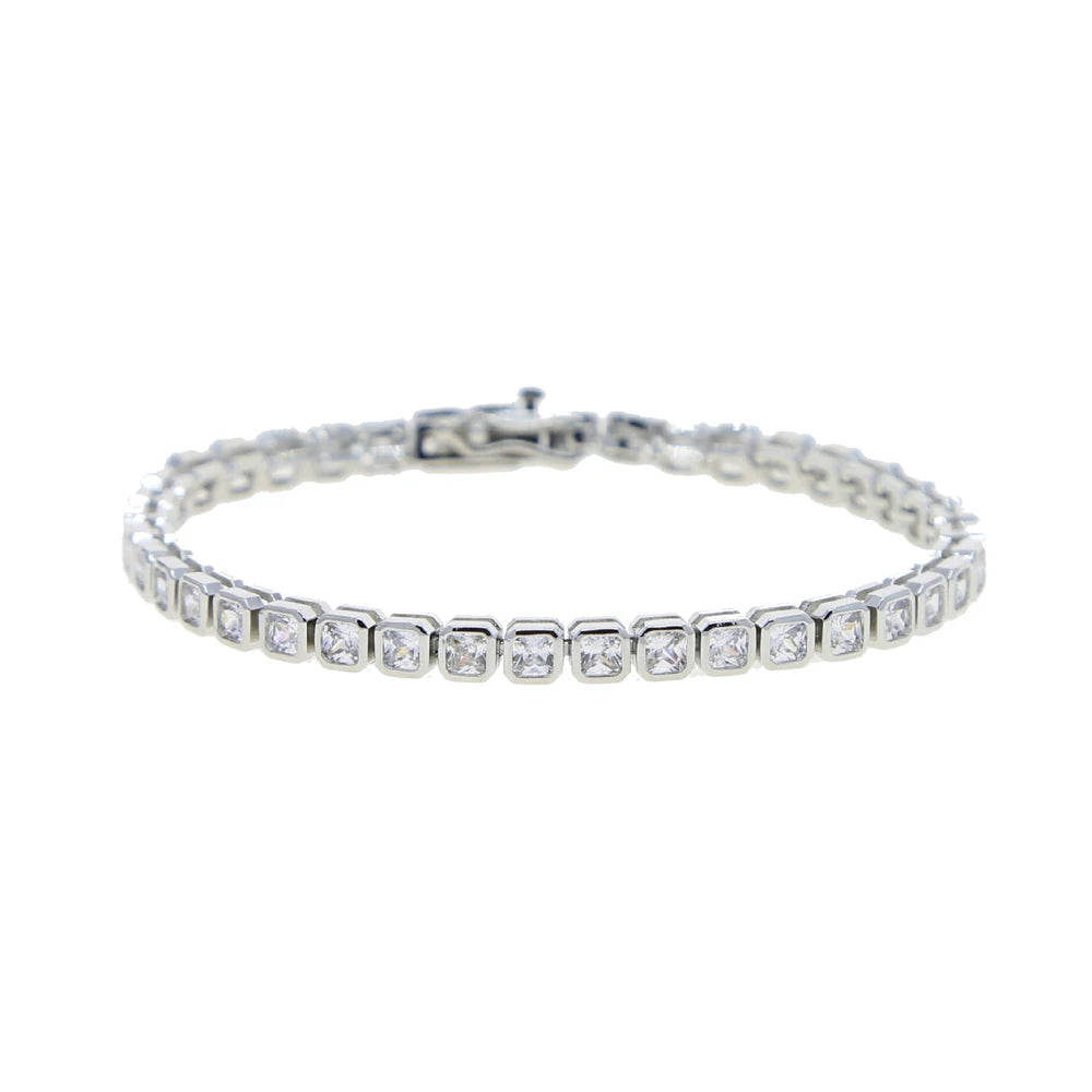 Geometric Bezel CZ Tennis Chain Bracelet - Classic Fashion Jewelry for Women