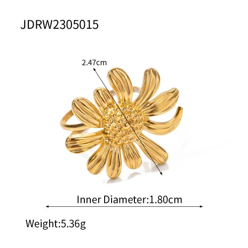 Exquisite Adjustable Flower Stainless Steel Ring – 18K Gold PVD Waterproof Jewelry