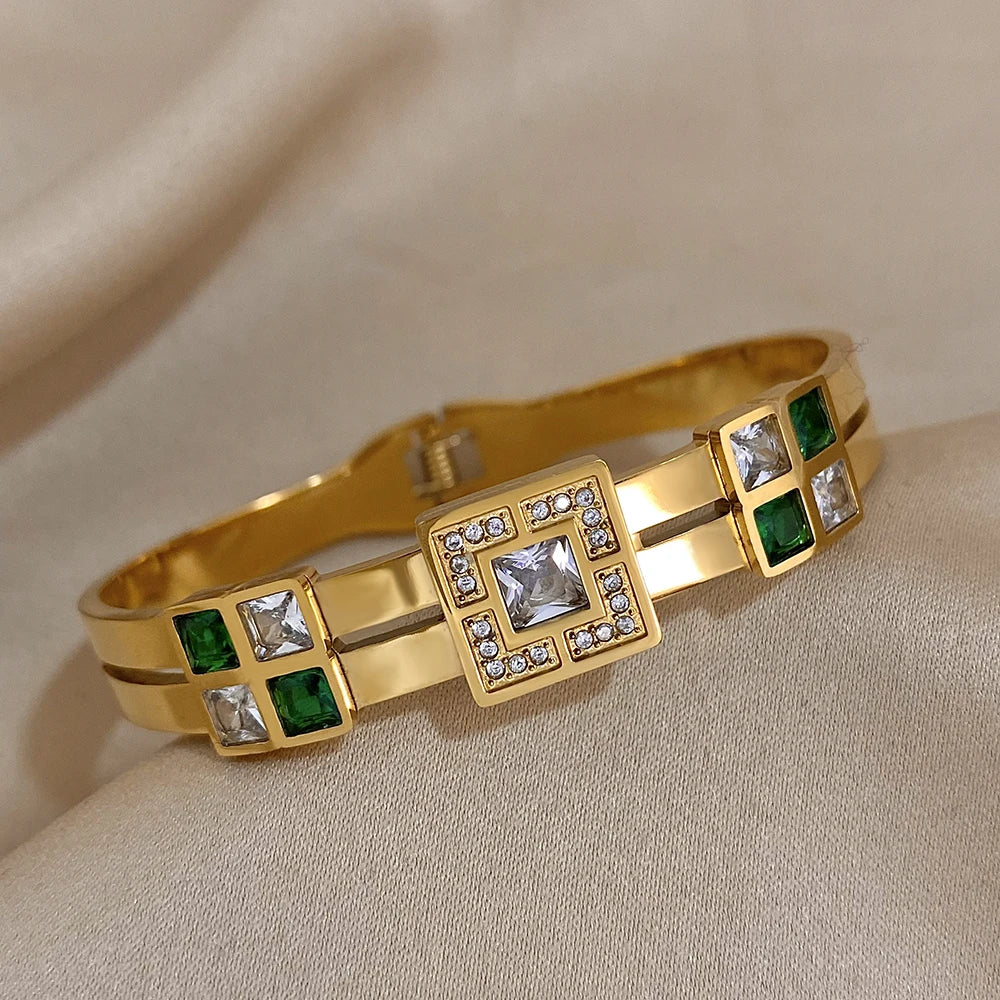 Luxury Emerald Green & White Zircon Stainless Steel Bangle - Waterproof Cuff Bracelet