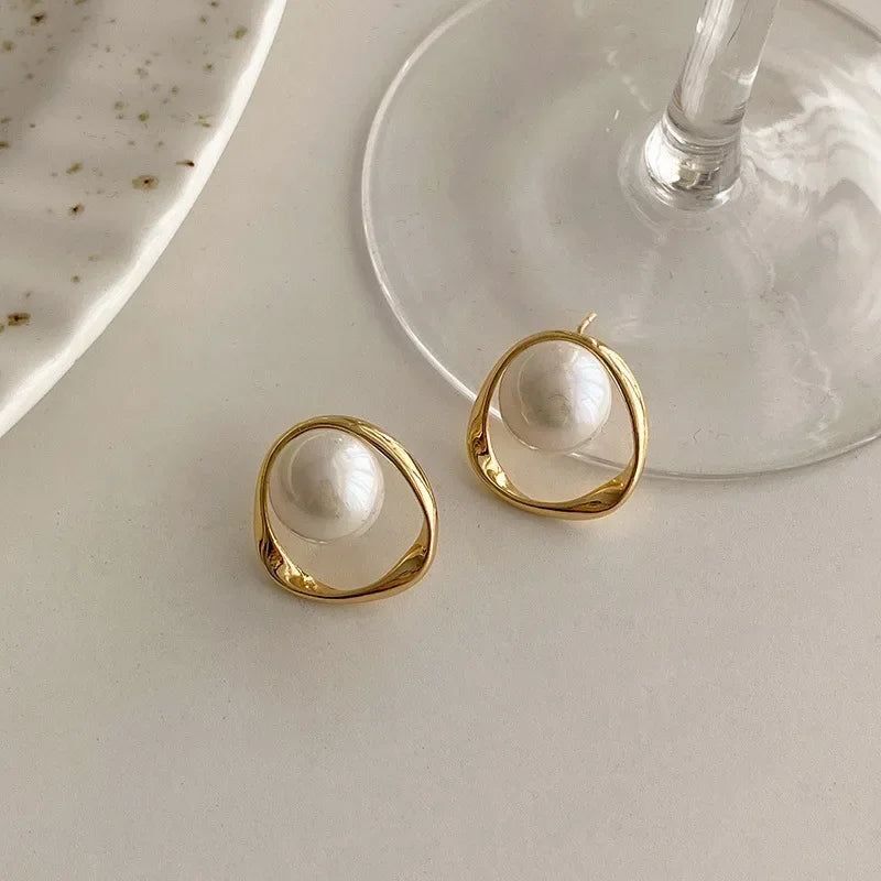 Gold Round Pearl Stud Earrings – Irregular Design Fashion Jewelry