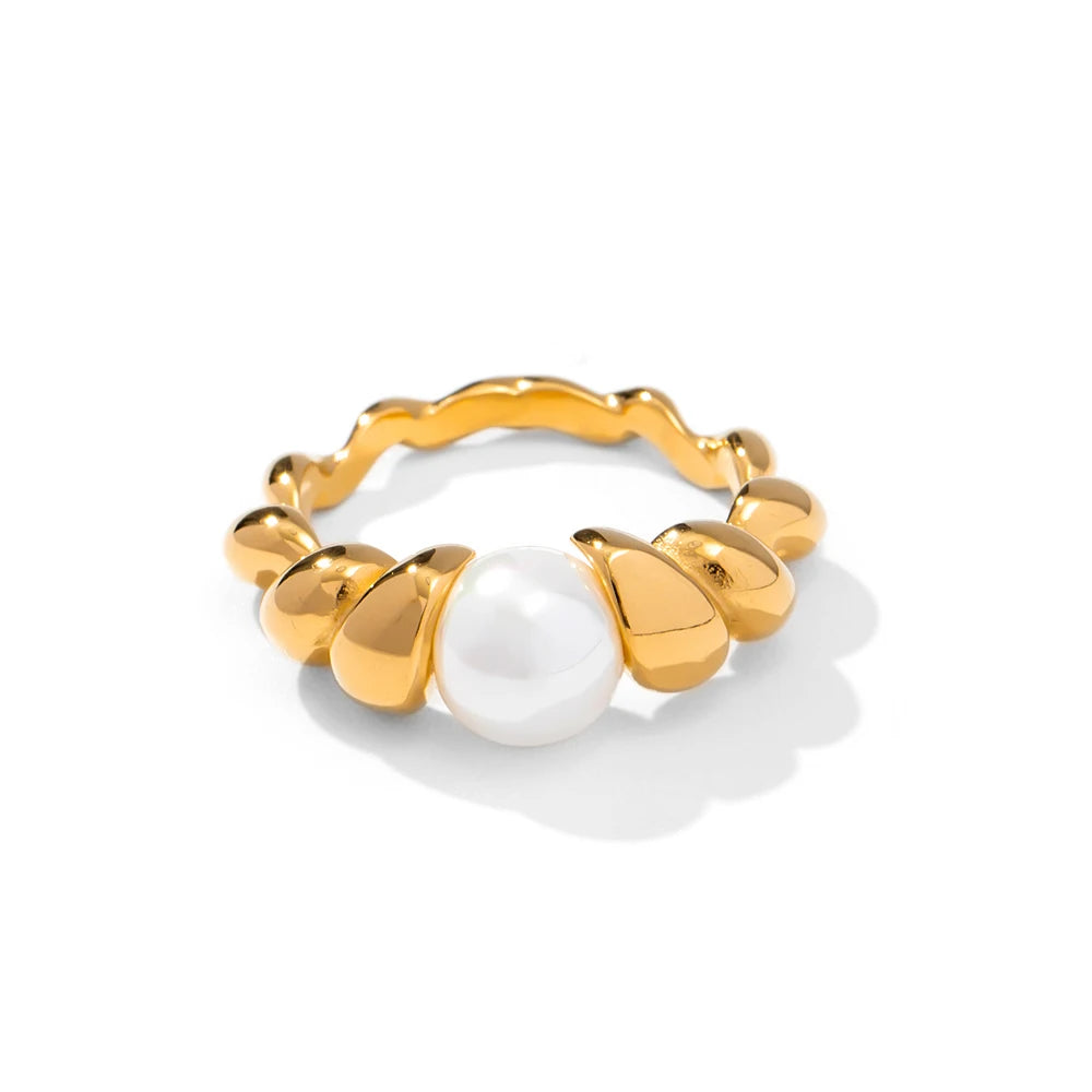 Uworld 18K Gold PVD Chunky Stainless Steel Ring – Freshwater Pearl & Zircon Jewelry