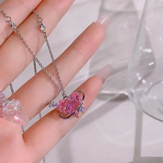 Korean Fashion Pink Crystal Heart Bow Tie Pendant