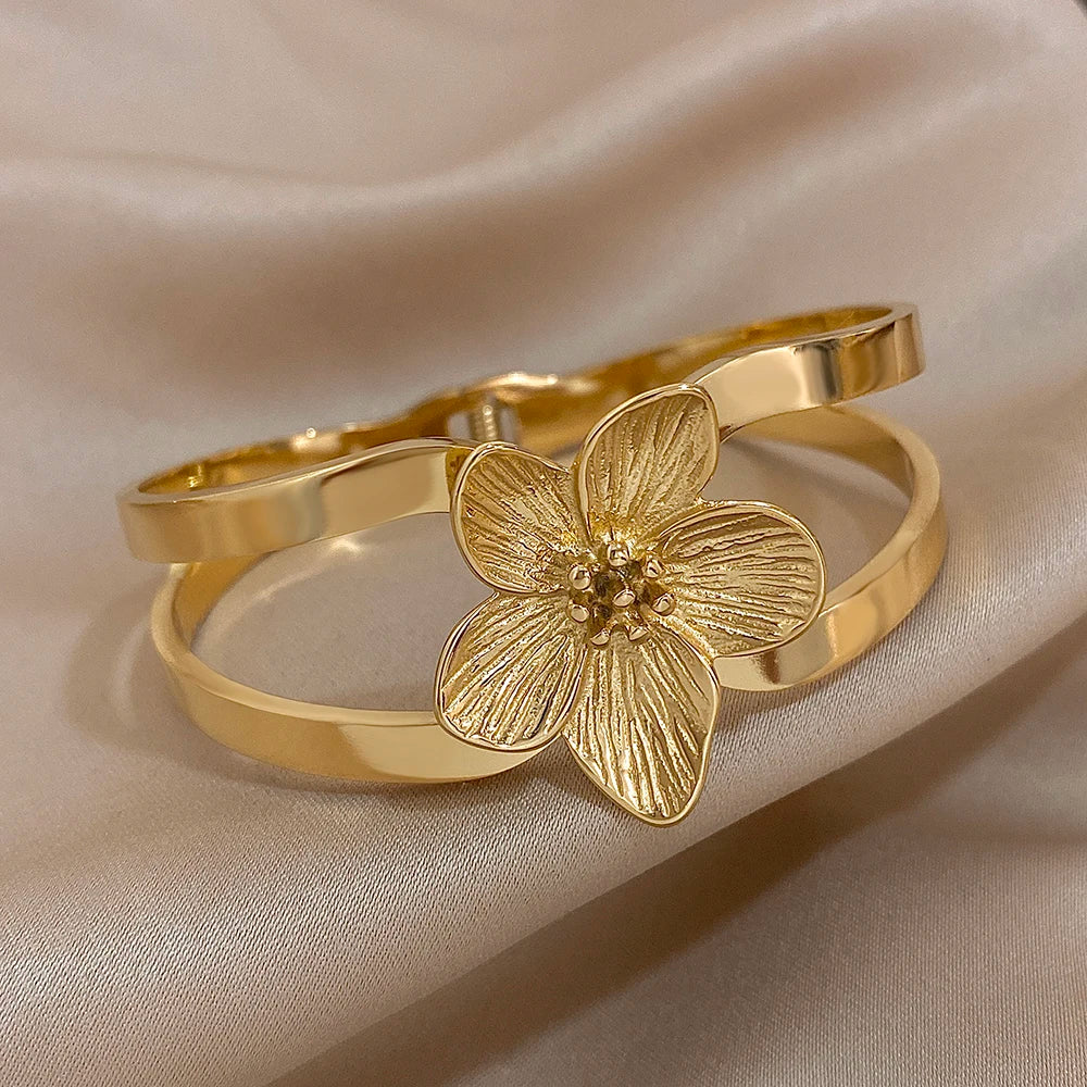 Greatera Chunky Gold-Plated Flower Cuff Bracelet - Waterproof Jewelry for Women