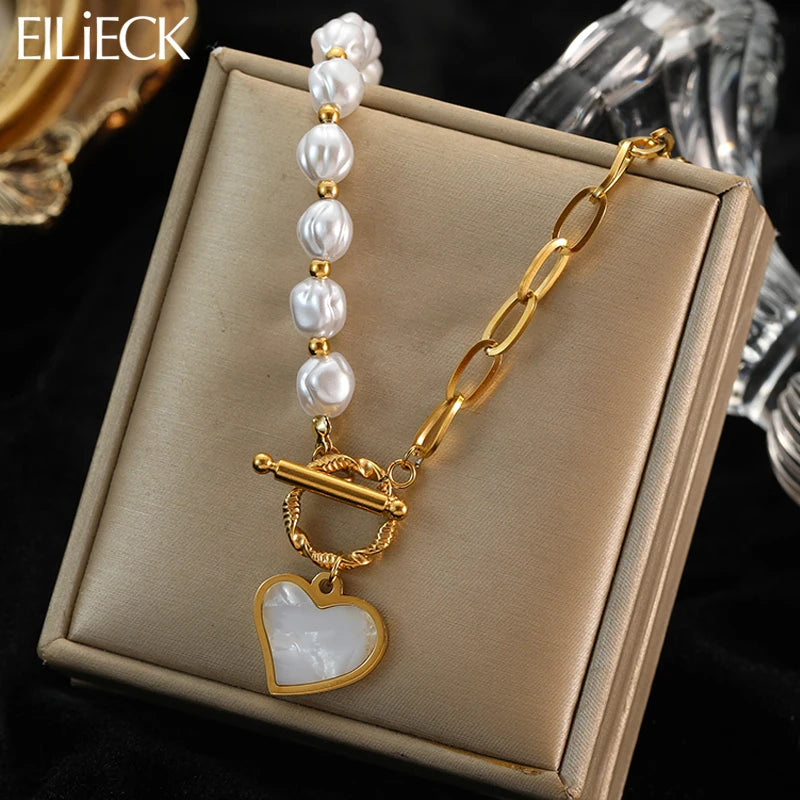 EILIECK Pearl Heart Pendant Necklace - 316L Stainless Steel Trendy Jewelry