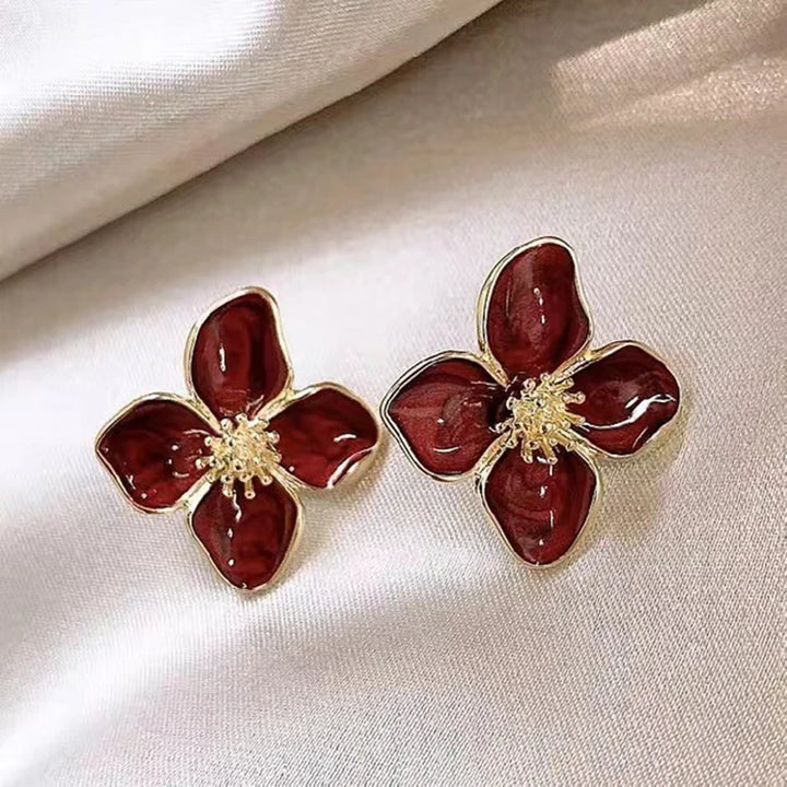 Hibiscus Glaze Flower Stud Earrings – Romantic Korean Wedding Jewelry