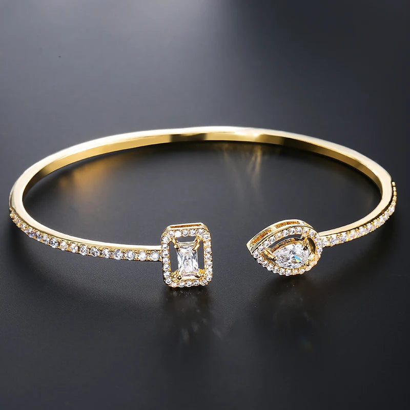 Luxury Gold Cuff Bangles - Geometric Cubic Zirconia Bracelets for Women