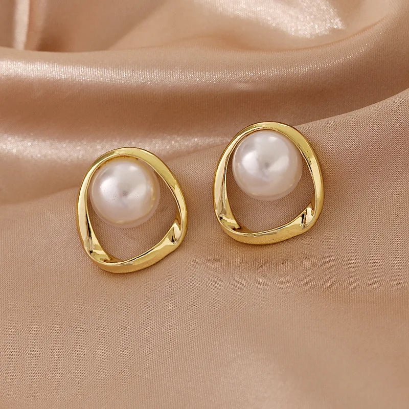 Gold Round Pearl Stud Earrings – Irregular Design Fashion Jewelry