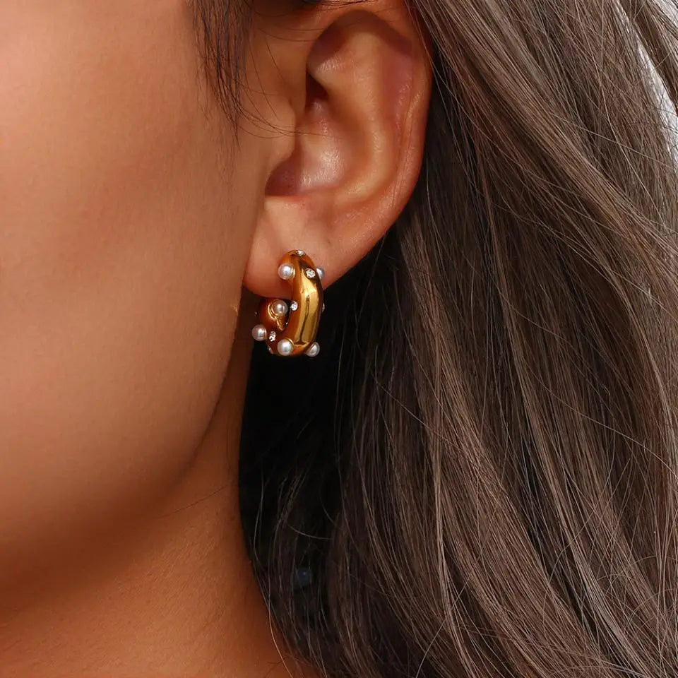 Chunky Gold-Plated Pearl Zircon Earrings – Bold Stainless Steel Statement Jewelry