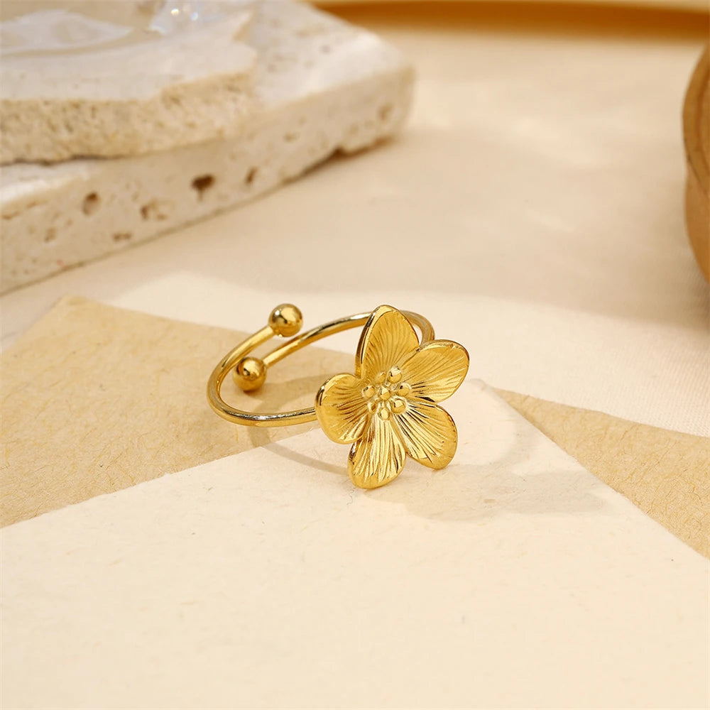 D&Z Romantic Stainless Steel Flower Open Rings – Kpop Style Jewelry for Women