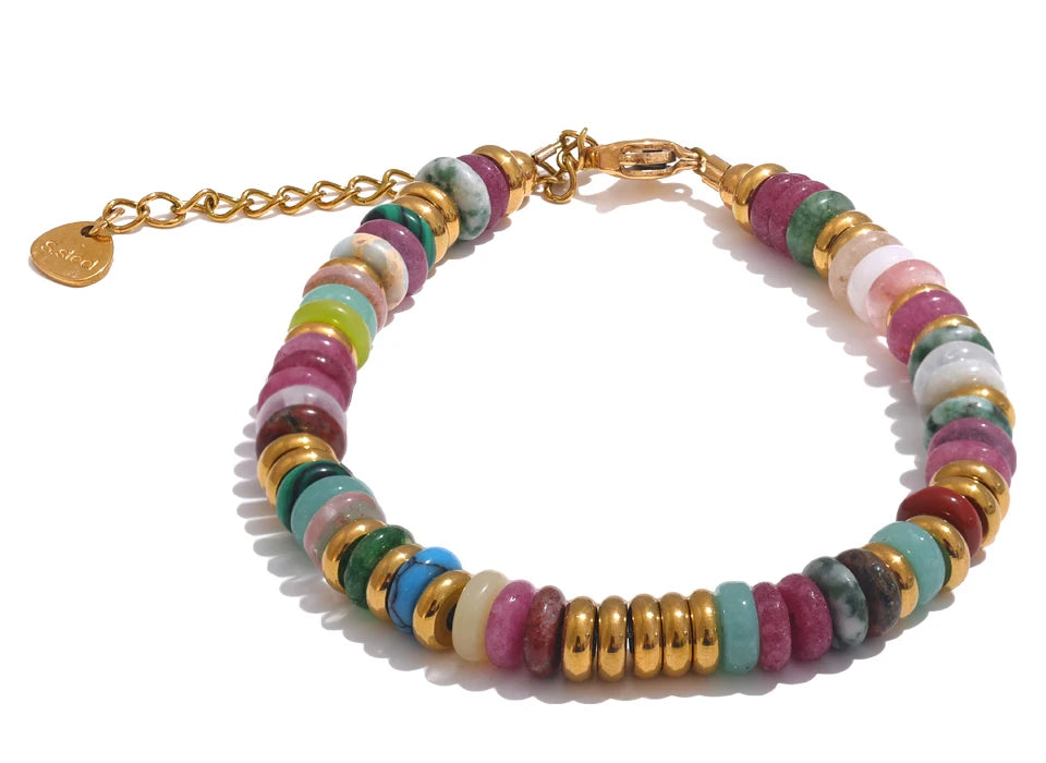 Yhpup Colorful Natural Stone Beads Bracelet - Handmade Waterproof Y2K Jewelry Gift