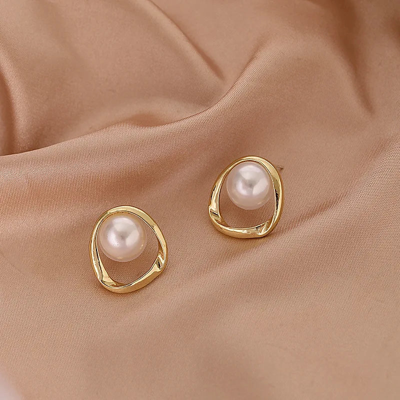 Gold Round Pearl Stud Earrings – Irregular Design Fashion Jewelry