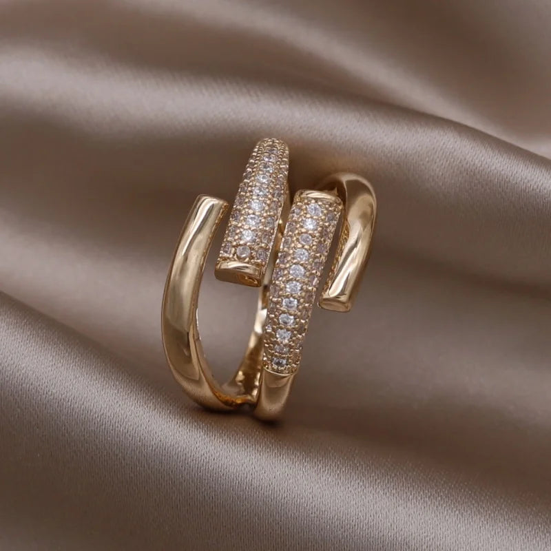 14K Gold Plated Double Love Crystal Ring – Elegant Korean Fashion Jewelry