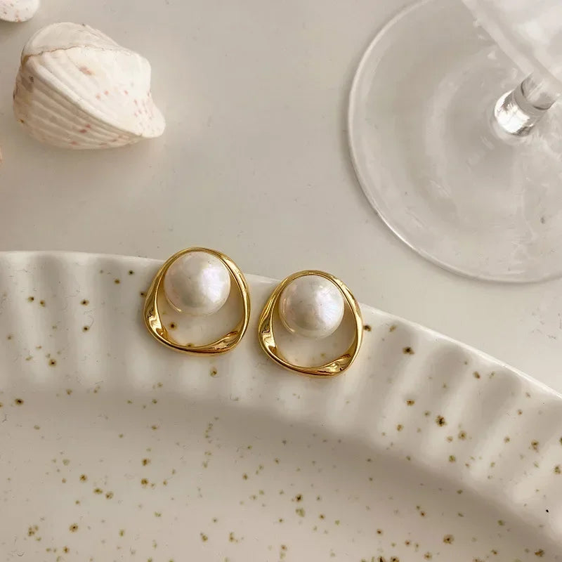 Gold Round Pearl Stud Earrings – Irregular Design Fashion Jewelry