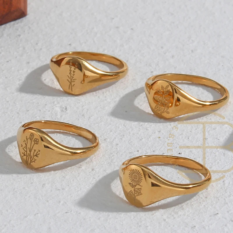 E.B.belle Tarnish-Free 18K Gold Plated Wildflower Signet Rings for Women