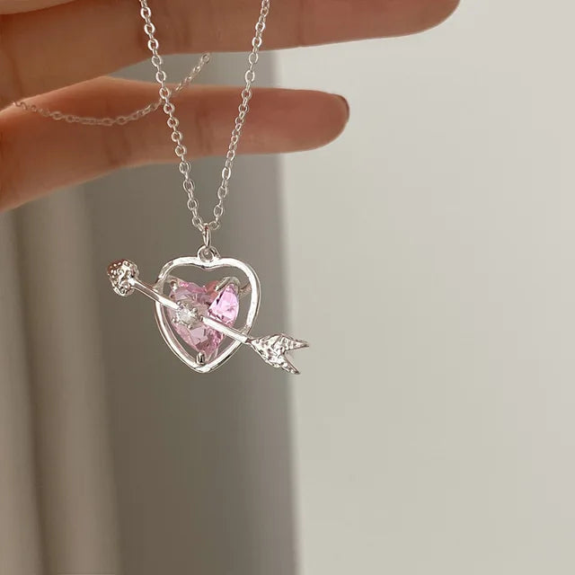 Korean Fashion Pink Crystal Heart Bow Tie Pendant