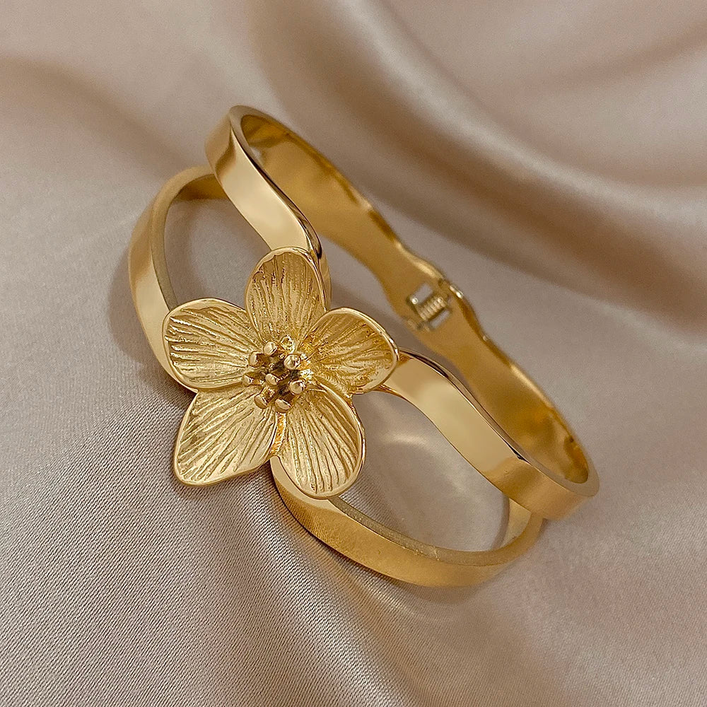 Greatera Chunky Gold-Plated Flower Cuff Bracelet - Waterproof Jewelry for Women