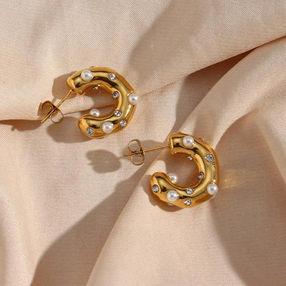 Chunky Gold-Plated Pearl Zircon Earrings – Bold Stainless Steel Statement Jewelry