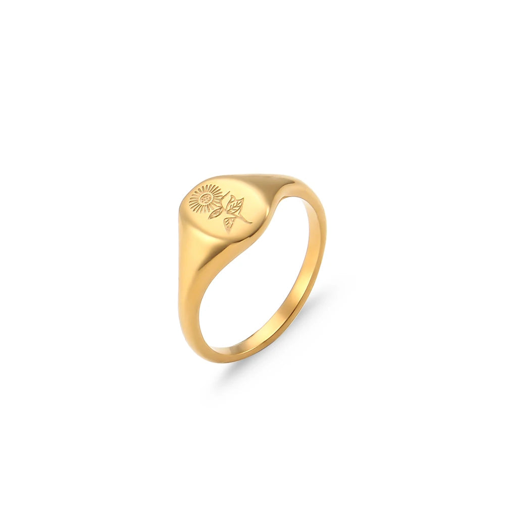 E.B.belle Tarnish-Free 18K Gold Plated Wildflower Signet Rings for Women