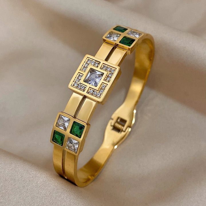 Luxury Emerald Green & White Zircon Stainless Steel Bangle - Waterproof Cuff Bracelet