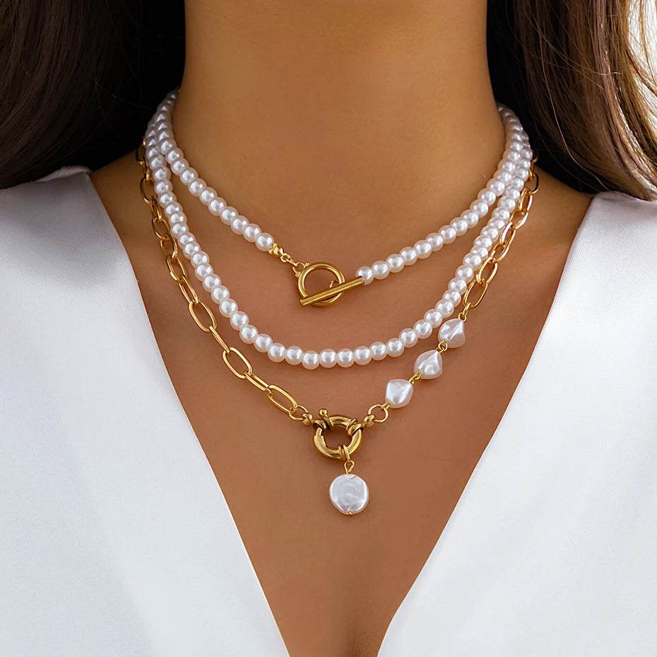 Ingemark Multilayer Imitation Pearl Necklace – OT Buckle Pendant Y2K Jewelry for Women