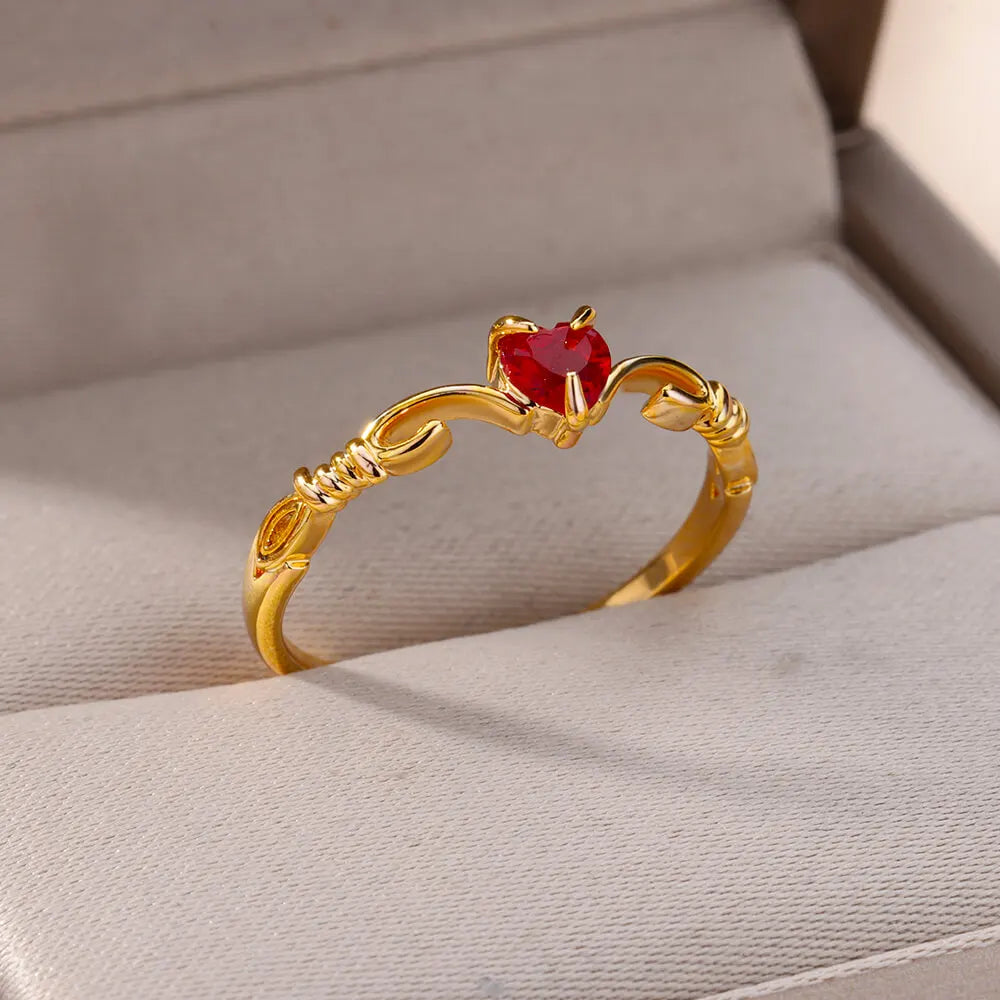 Red Heart Zircon Ring – Gold Color Stainless Steel Wedding and Engagement Jewelry for Women