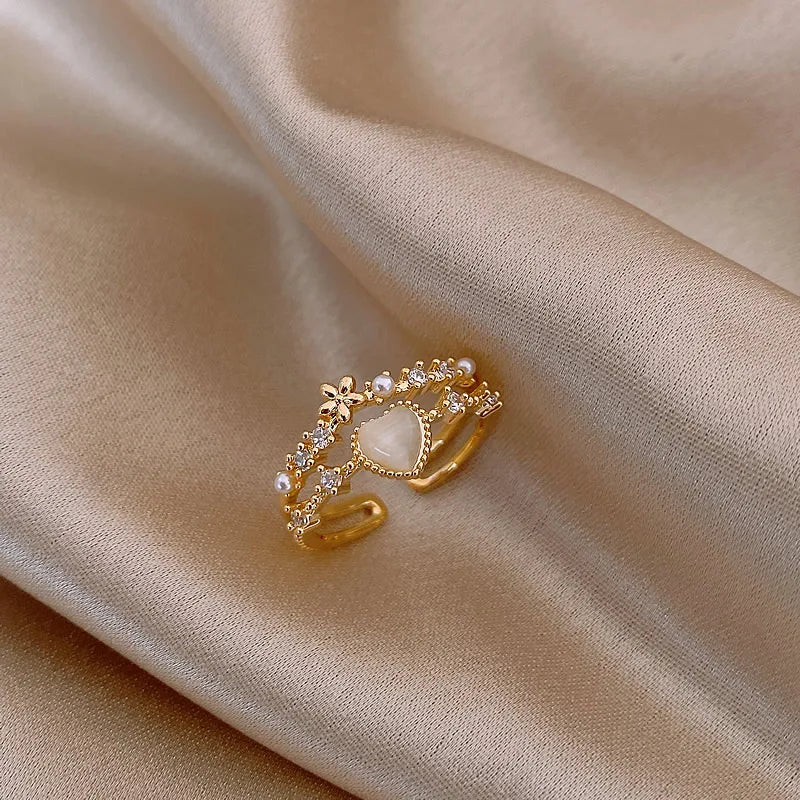 14K Gold Plated Double Love Crystal Ring – Elegant Korean Fashion Jewelry