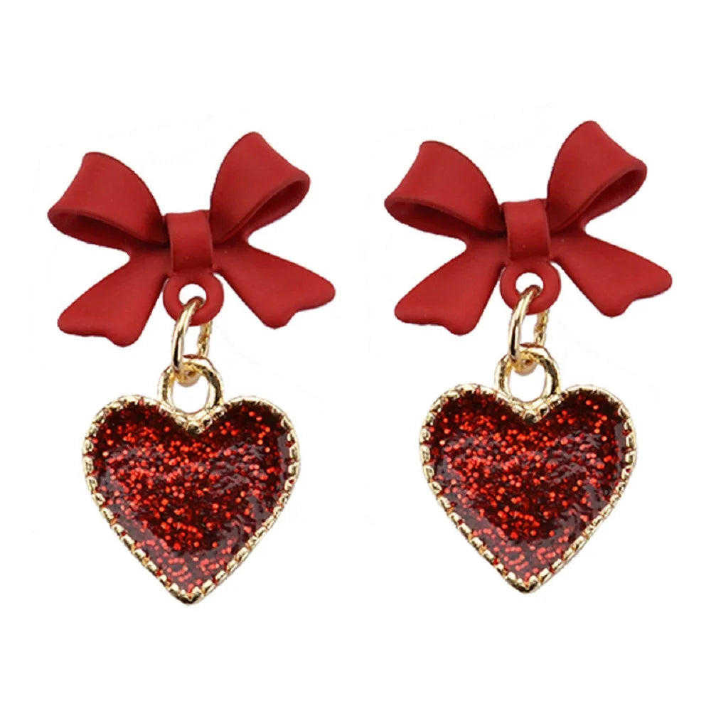 Golden Bowknot Heart Resin Earrings – Korean Valentine's Day Jewelry Gift