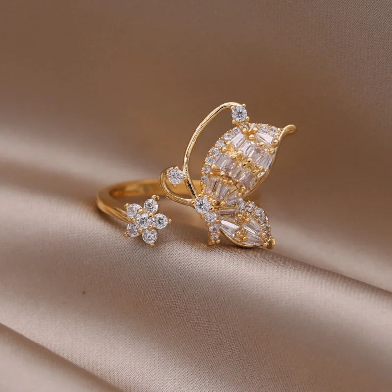 14K Gold Plated Double Love Crystal Ring – Elegant Korean Fashion Jewelry