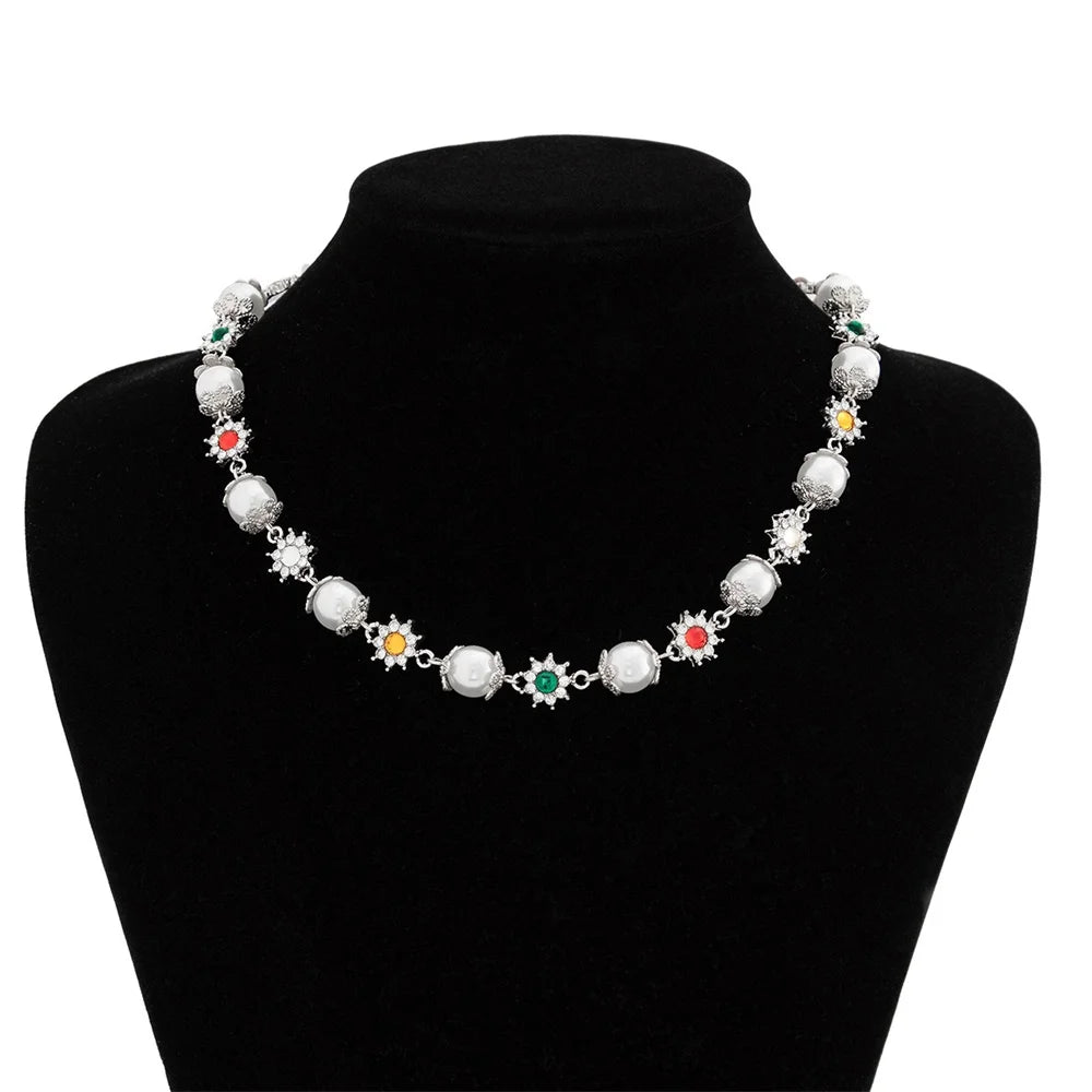 Zircon Cross & Pearl Flower Choker - 2024 Y2K Fashion Necklace for Women