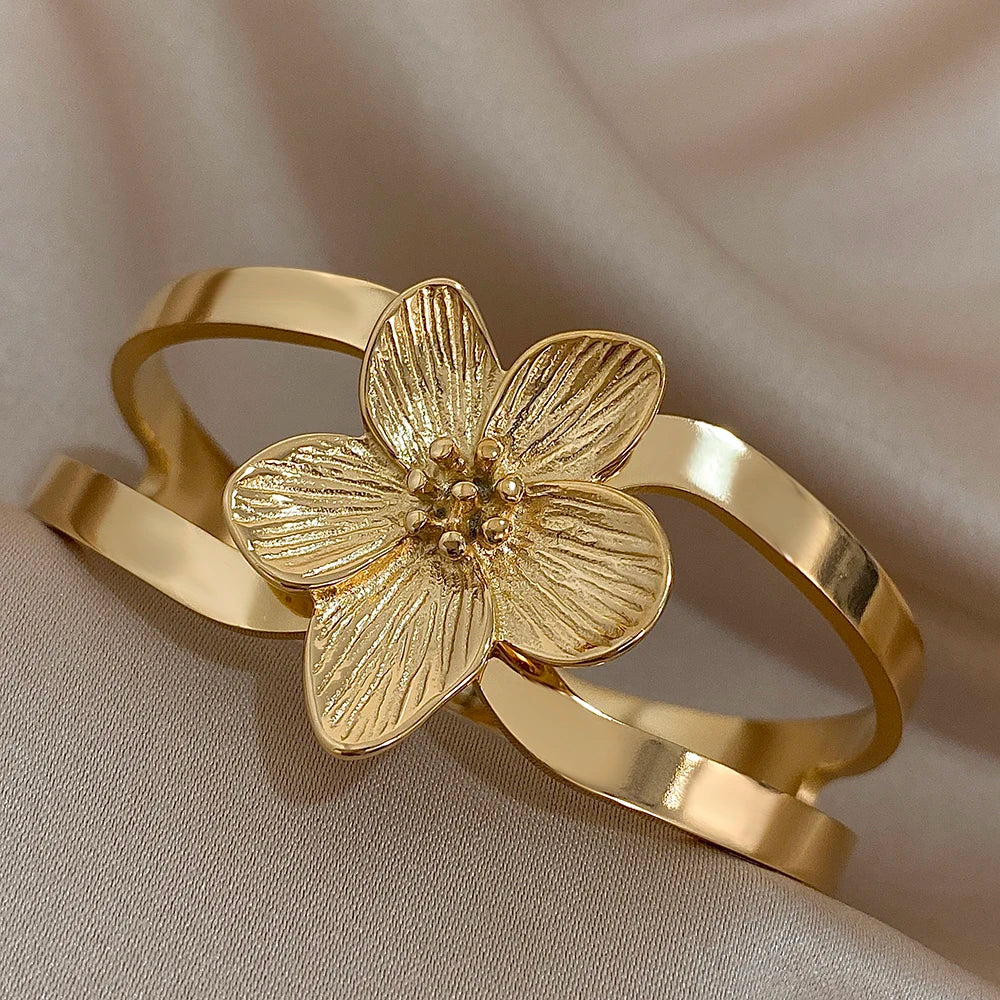 Greatera Chunky Gold-Plated Flower Cuff Bracelet - Waterproof Jewelry for Women