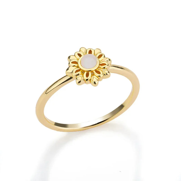 Gold Stainless Steel Lotus Flower Ring – Vintage Opal Natural Stone Jewelry for Women