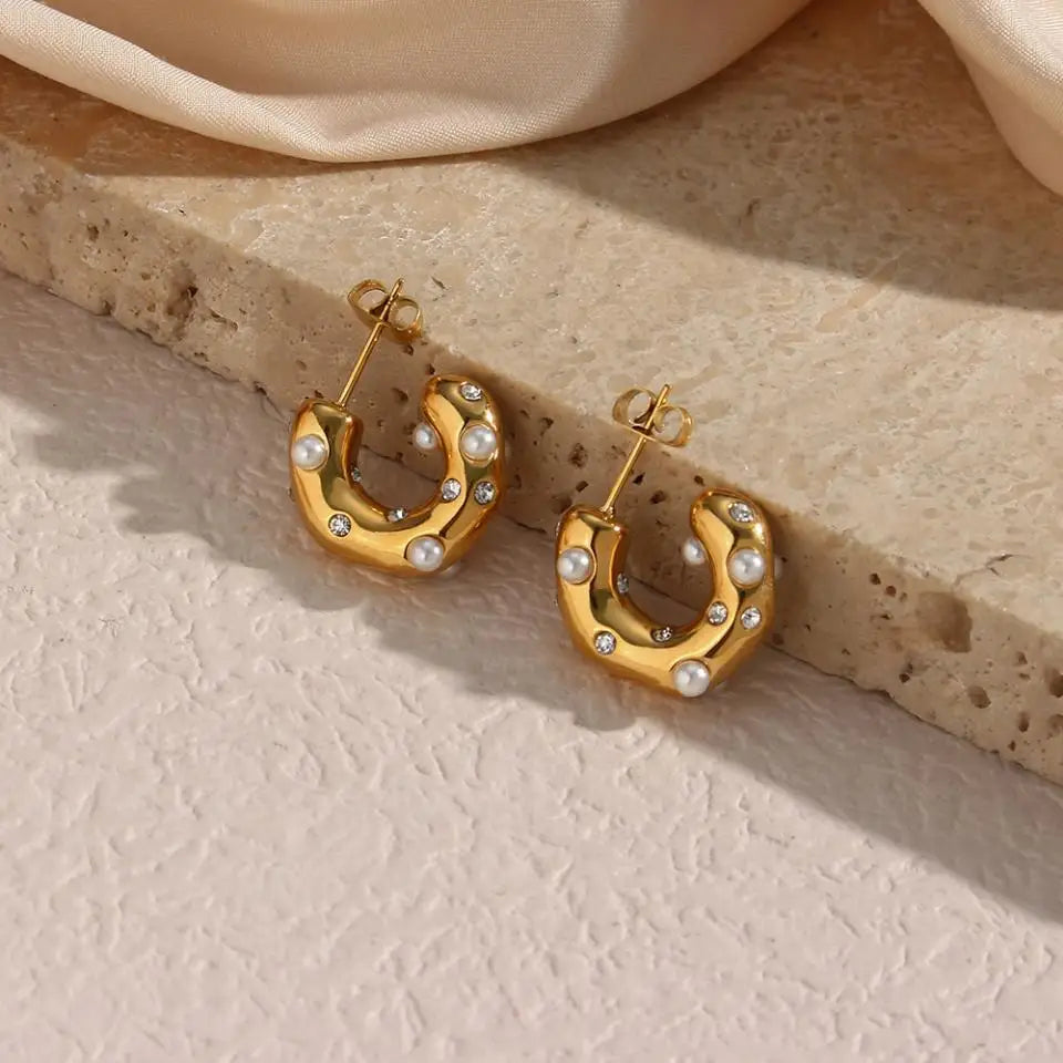 Chunky Gold-Plated Pearl Zircon Earrings – Bold Stainless Steel Statement Jewelry