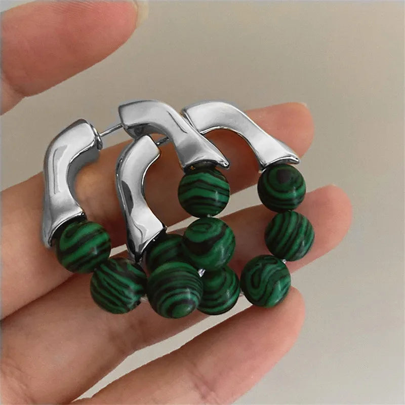 Green Bead Metal Stud Earrings – Hip-Hop Punk Fashion Travel Accessories