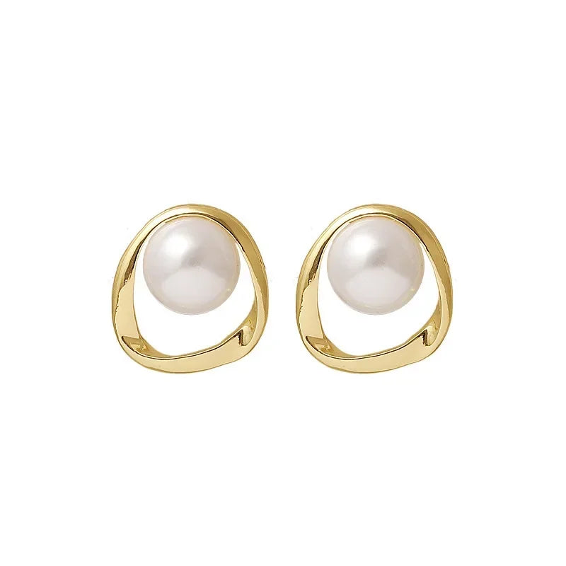 Gold Round Pearl Stud Earrings – Irregular Design Fashion Jewelry