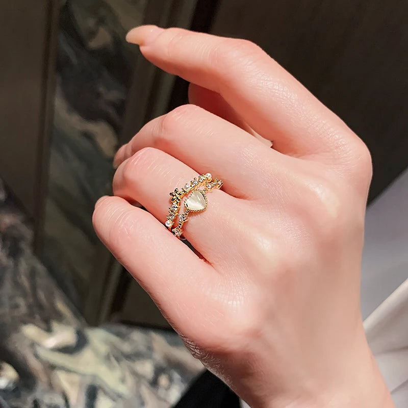 14K Gold Plated Double Love Crystal Ring – Elegant Korean Fashion Jewelry