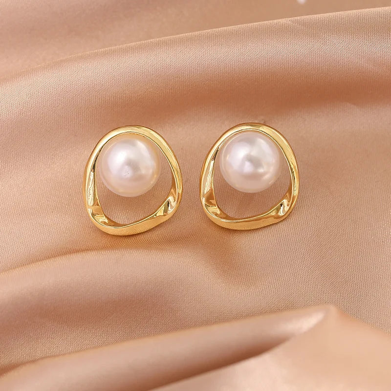 Gold Round Pearl Stud Earrings – Irregular Design Fashion Jewelry