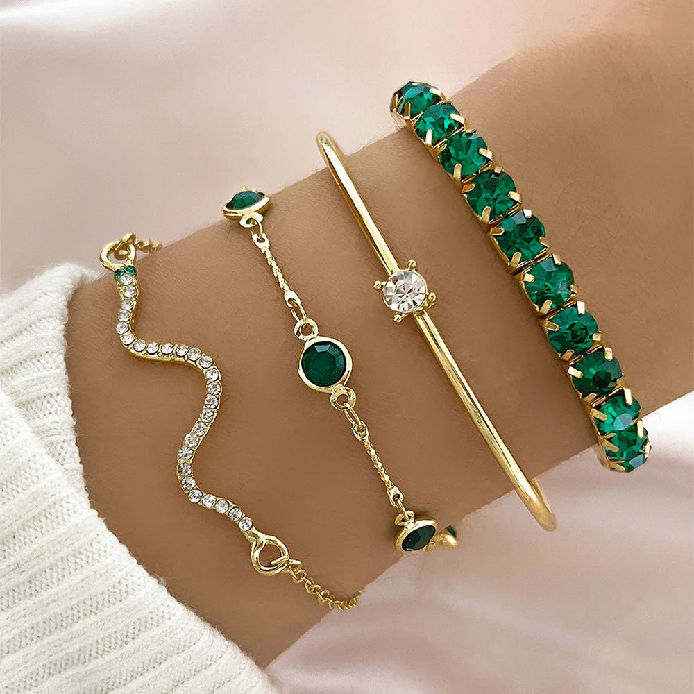 4Pcs Green Gemstone Snake Bangles Set - Rhinestone Metal Bracelets for Women