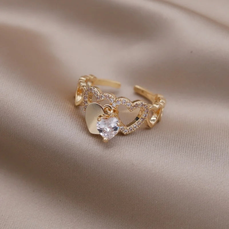 14K Gold Plated Double Love Crystal Ring – Elegant Korean Fashion Jewelry