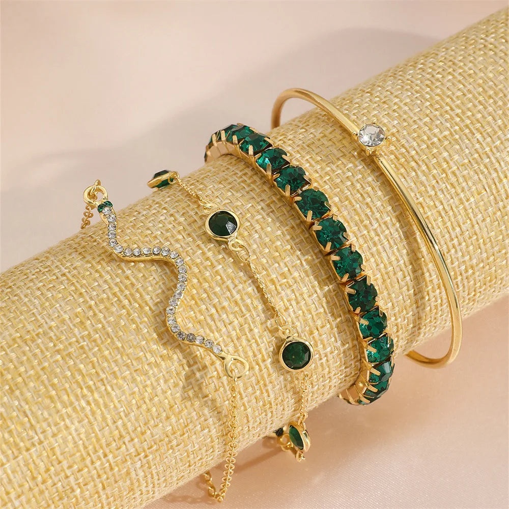 4Pcs Green Gemstone Snake Bangles Set - Rhinestone Metal Bracelets for Women