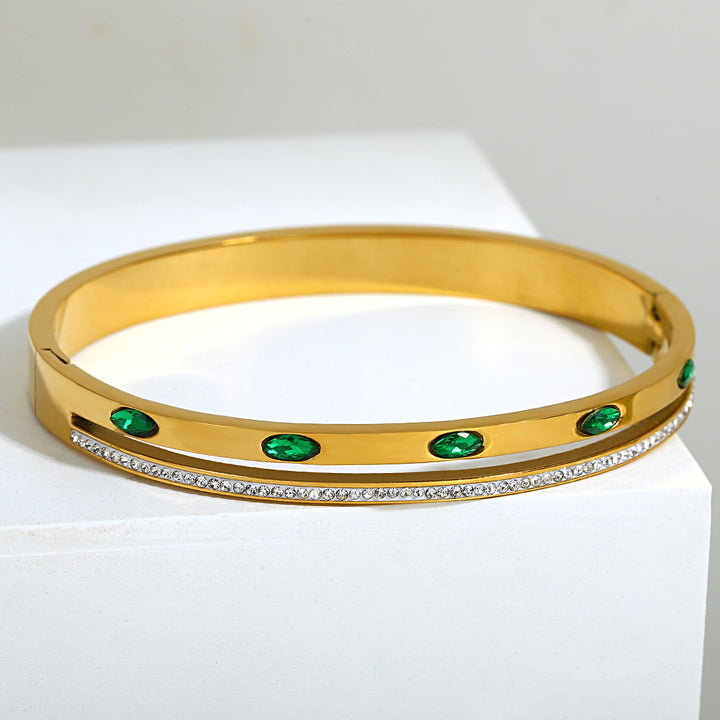 Green White Rhinestone Wide Bangle