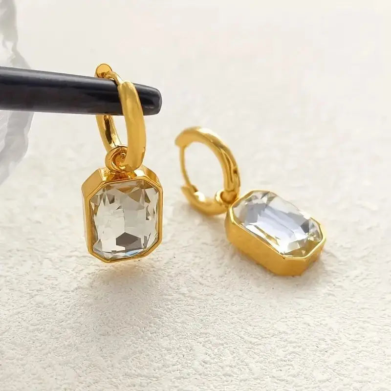 Gold Square Zirconia Earrings – Trendy Stainless Steel Crystal Jewelry