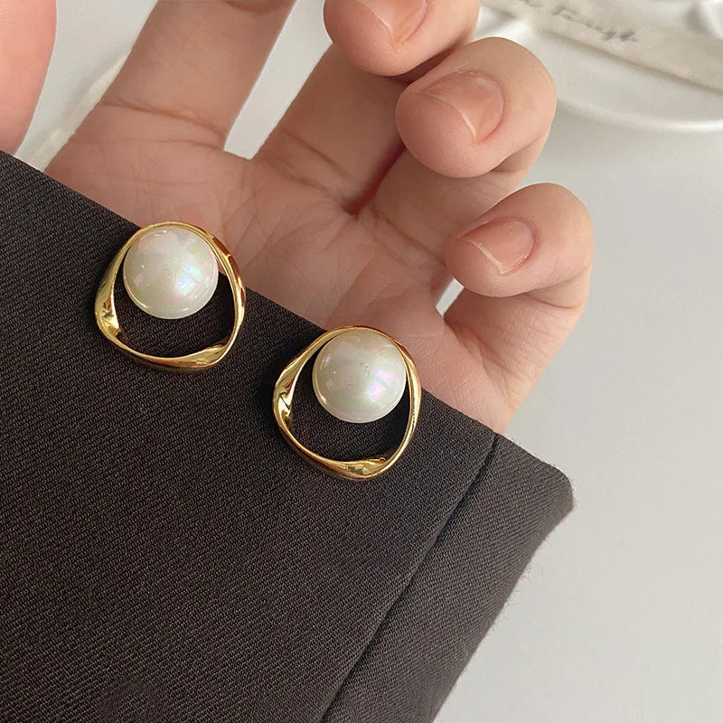 Gold Round Pearl Stud Earrings – Irregular Design Fashion Jewelry