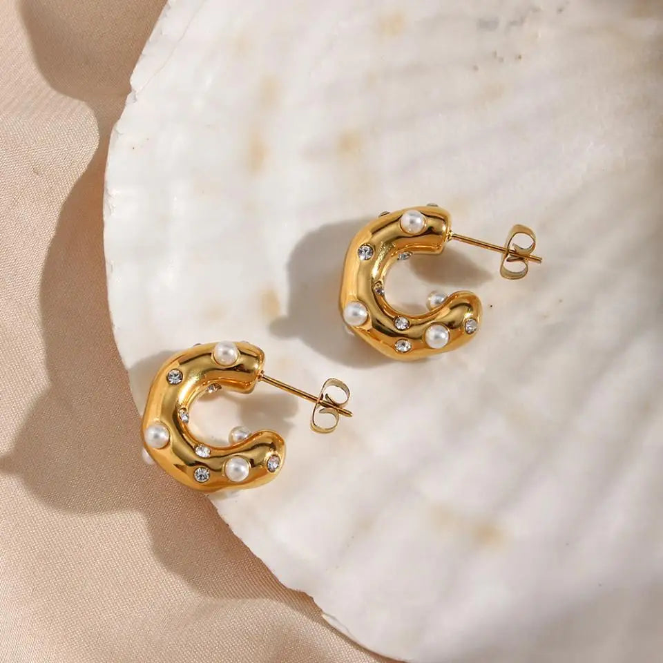 Chunky Gold-Plated Pearl Zircon Earrings – Bold Stainless Steel Statement Jewelry