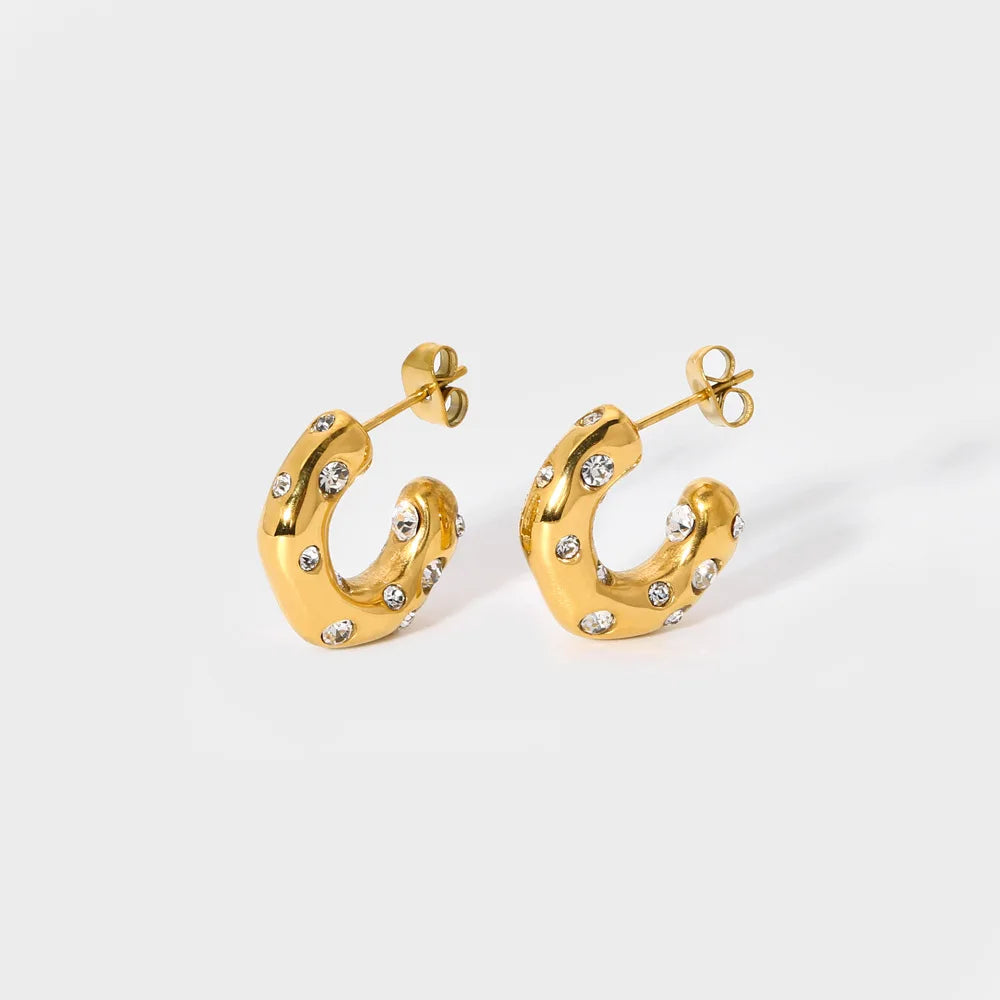 Chunky Gold-Plated Pearl Zircon Earrings – Bold Stainless Steel Statement Jewelry