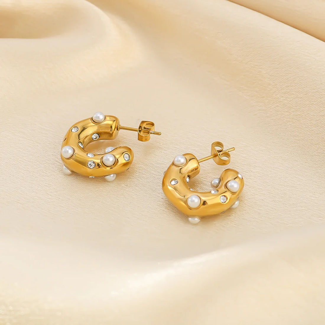 Chunky Gold-Plated Pearl Zircon Earrings – Bold Stainless Steel Statement Jewelry