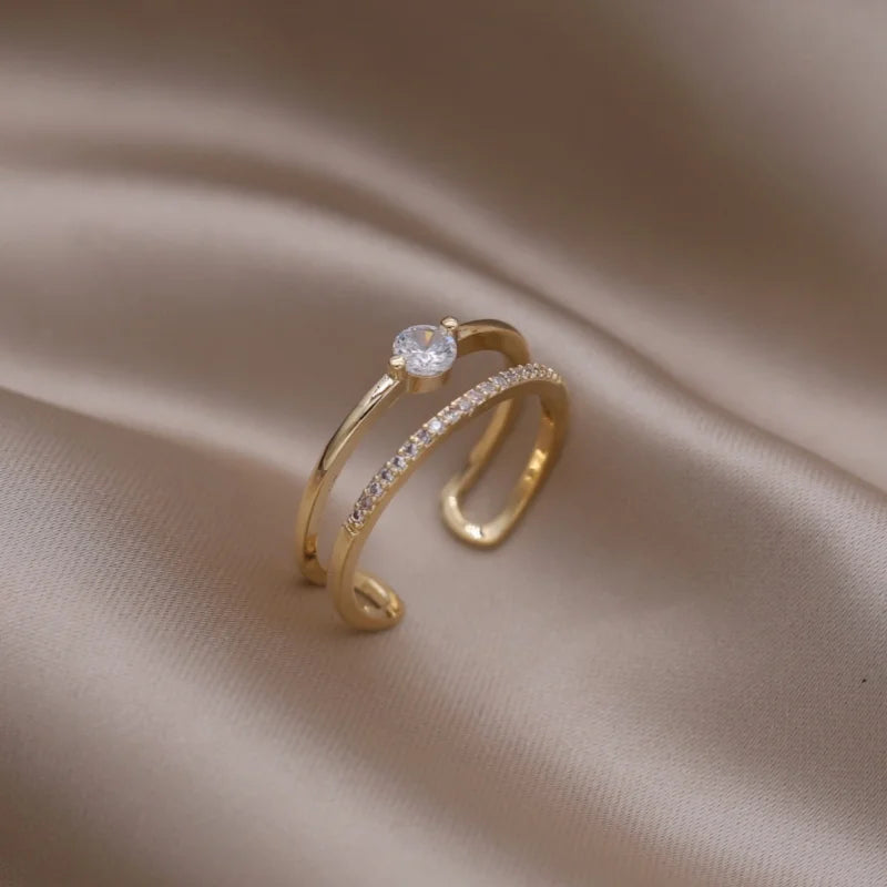 14K Gold Plated Double Love Crystal Ring – Elegant Korean Fashion Jewelry